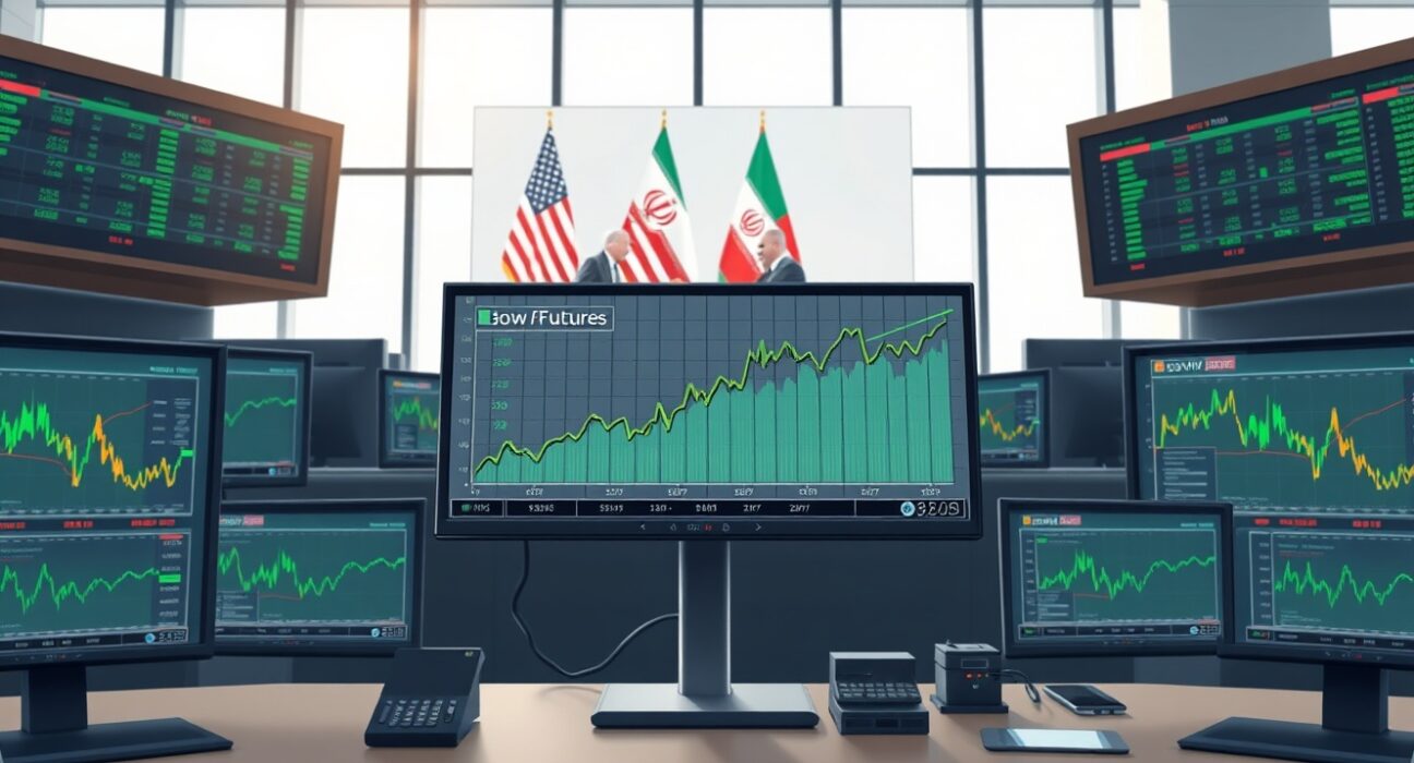 Trading floor monitors showing Dow Jones futures gains during US-Iran diplomatic negotiations