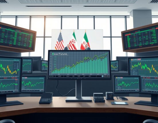 Trading floor monitors showing Dow Jones futures gains during US-Iran diplomatic negotiations
