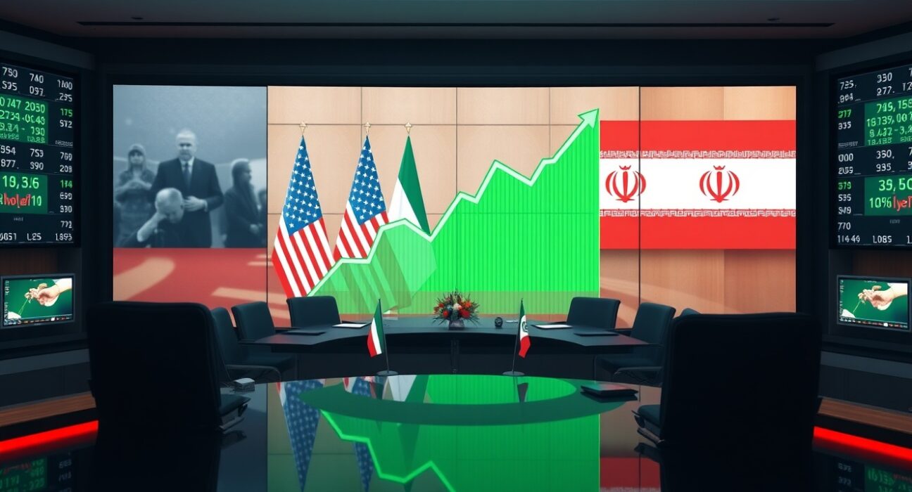 Dow Jones futures chart showing green upward trend with diplomatic flags in background