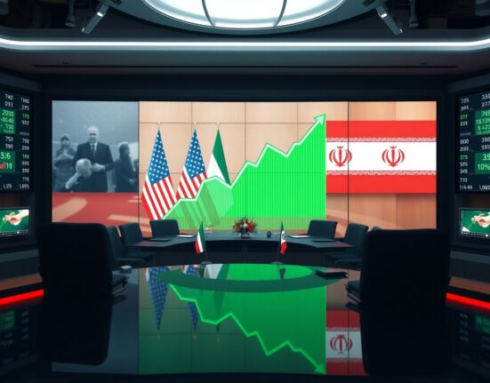 Dow Jones futures chart showing green upward trend with diplomatic flags in background