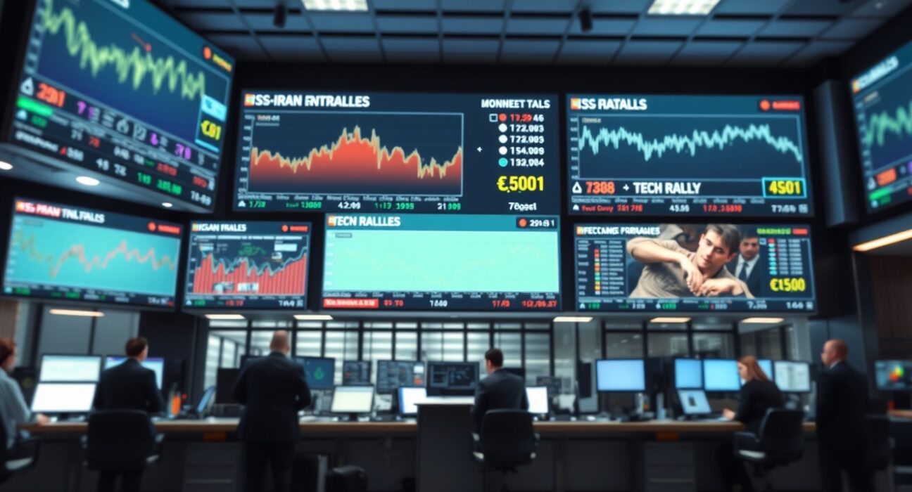 Financial trading screens display charts and news about Dow Jones futures and US-Iran talks