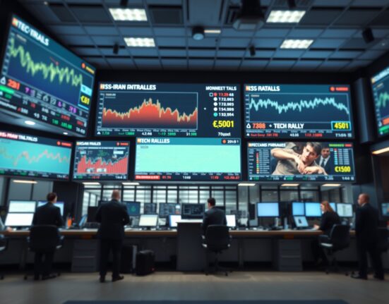 Financial trading screens display charts and news about Dow Jones futures and US-Iran talks