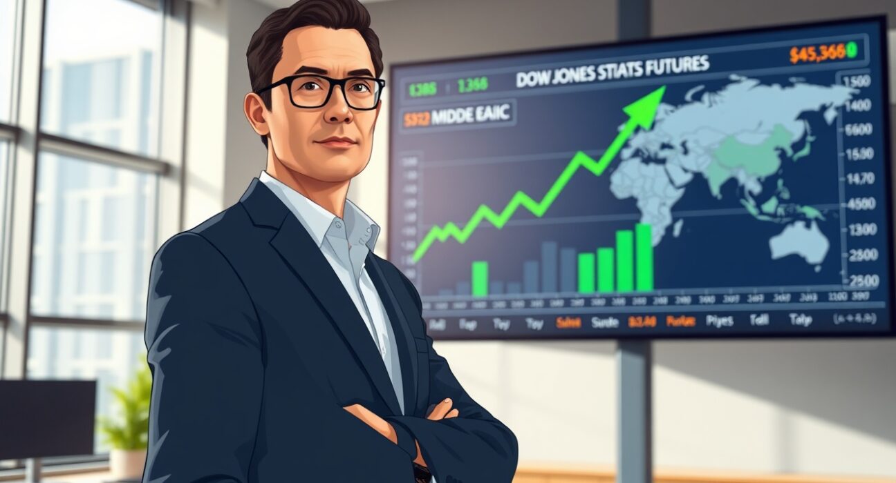 Dow Jones futures chart showing green gains as US-Iran tensions ease, signaling positive market reaction.