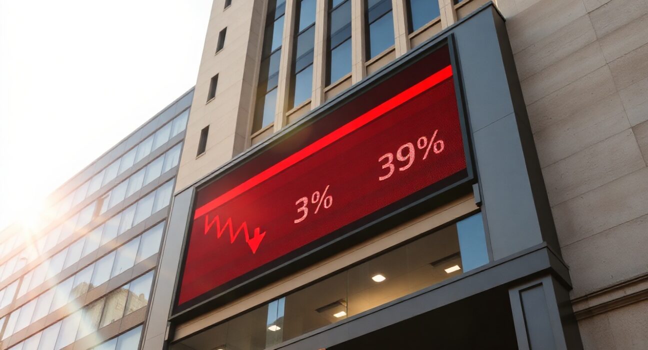 Dow Jones Industrial Average ticker showing red declines during afternoon trading.