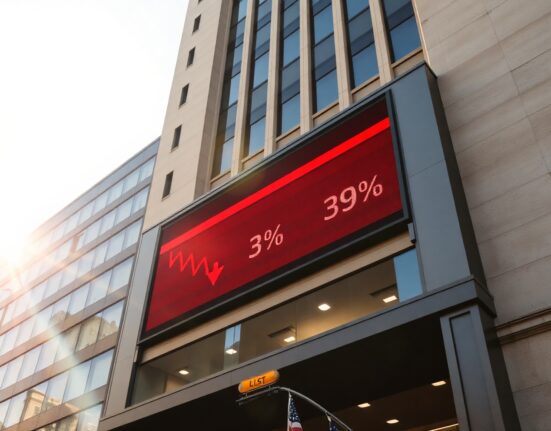 Dow Jones Industrial Average ticker showing red declines during afternoon trading.