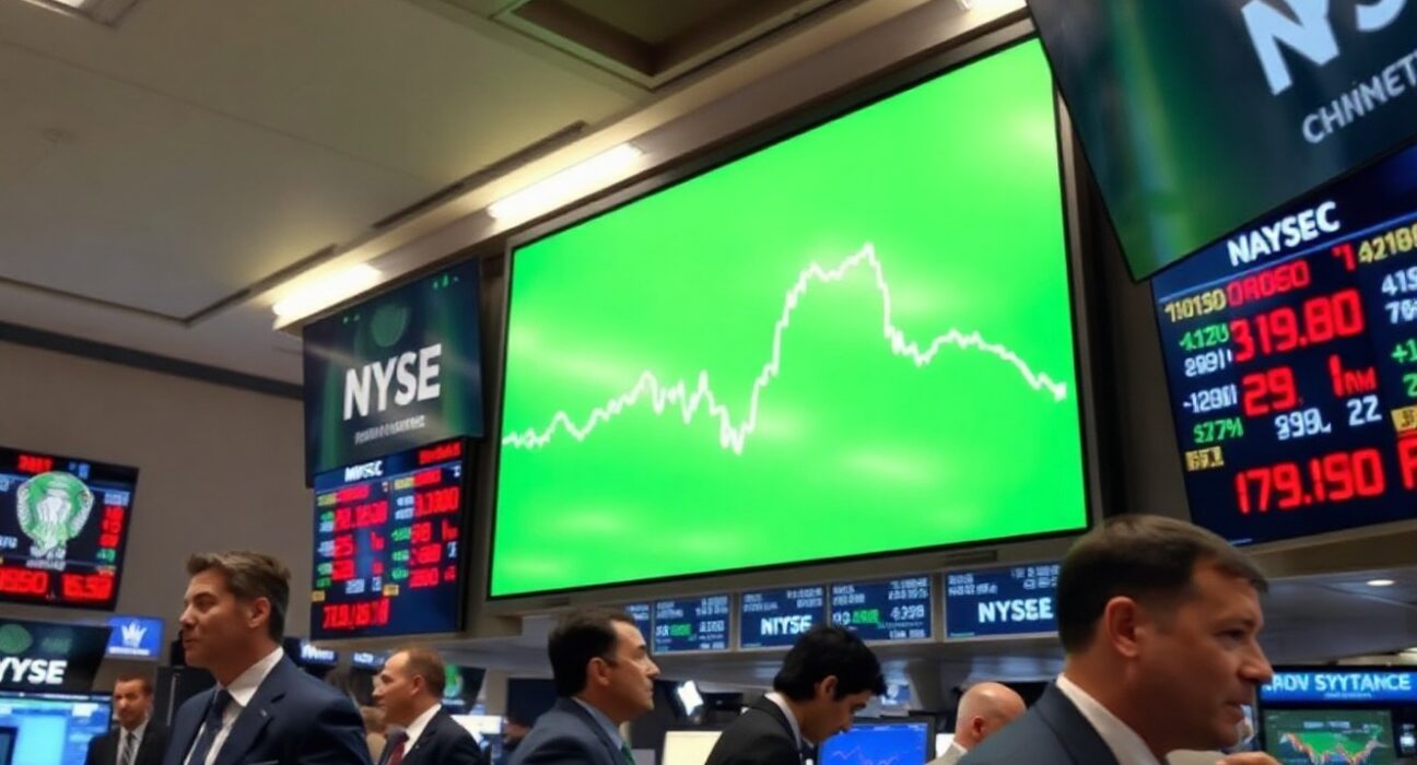 New York Stock Exchange trading floor with Dow Jones index displayed in green and semiconductor stock prices in red