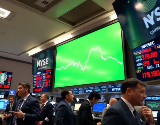 New York Stock Exchange trading floor with Dow Jones index displayed in green and semiconductor stock prices in red