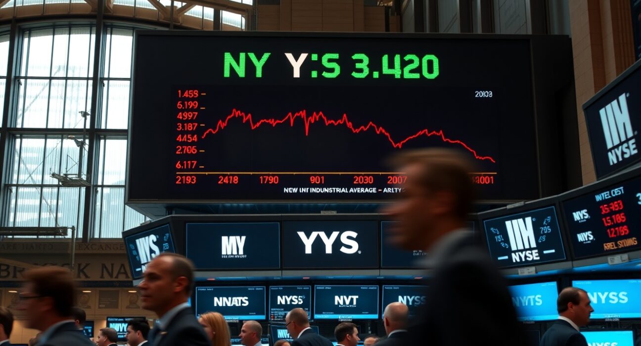 NYSE trading floor with electronic ticker showing the Dow Jones Industrial Average