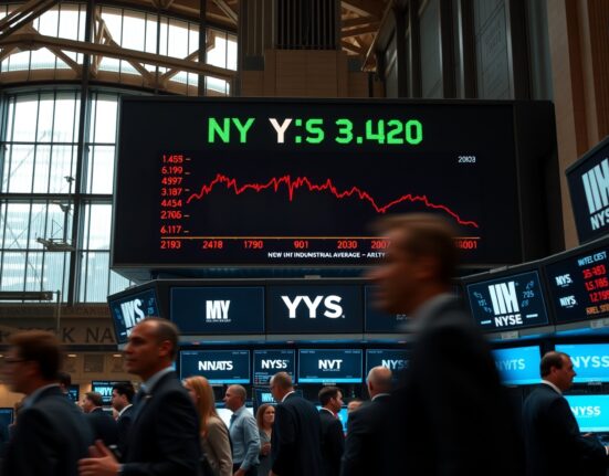 NYSE trading floor with electronic ticker showing the Dow Jones Industrial Average