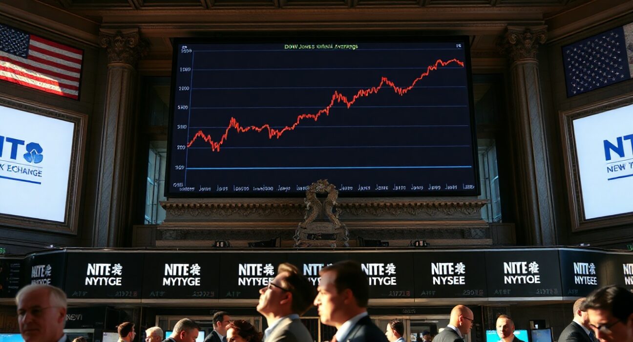 Traders on the NYSE floor with Dow Jones chart on screen