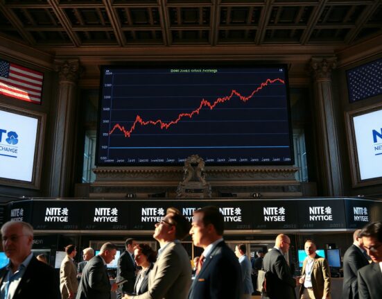 Traders on the NYSE floor with Dow Jones chart on screen