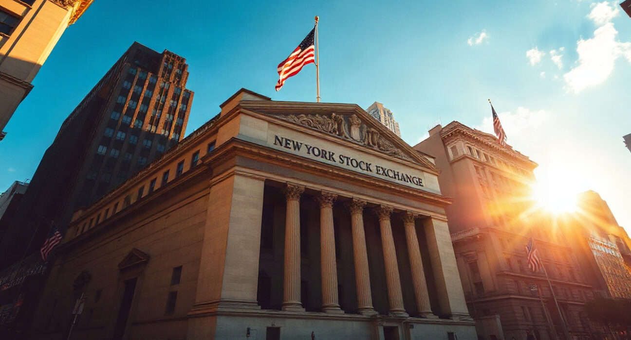 New York Stock Exchange with American flag at golden hour, symbolizing optimistic market outlook.