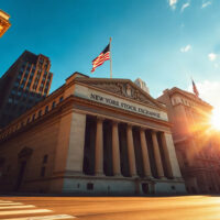 New York Stock Exchange with American flag at golden hour, symbolizing optimistic market outlook.