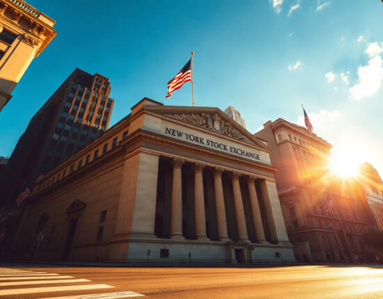 New York Stock Exchange with American flag at golden hour, symbolizing optimistic market outlook.