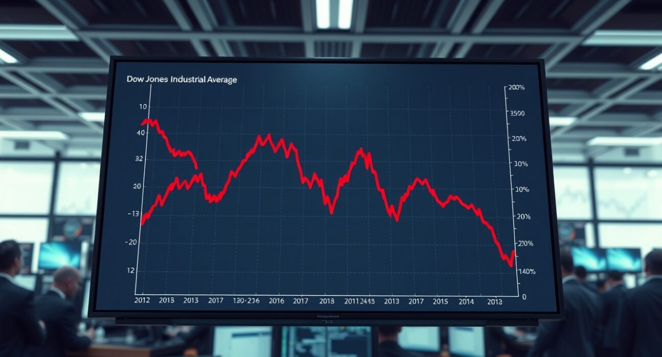 Dow Jones Industrial Average chart showing significant decline amid geopolitical and economic pressures.