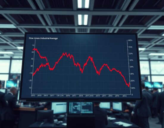 Dow Jones Industrial Average chart showing significant decline amid geopolitical and economic pressures.