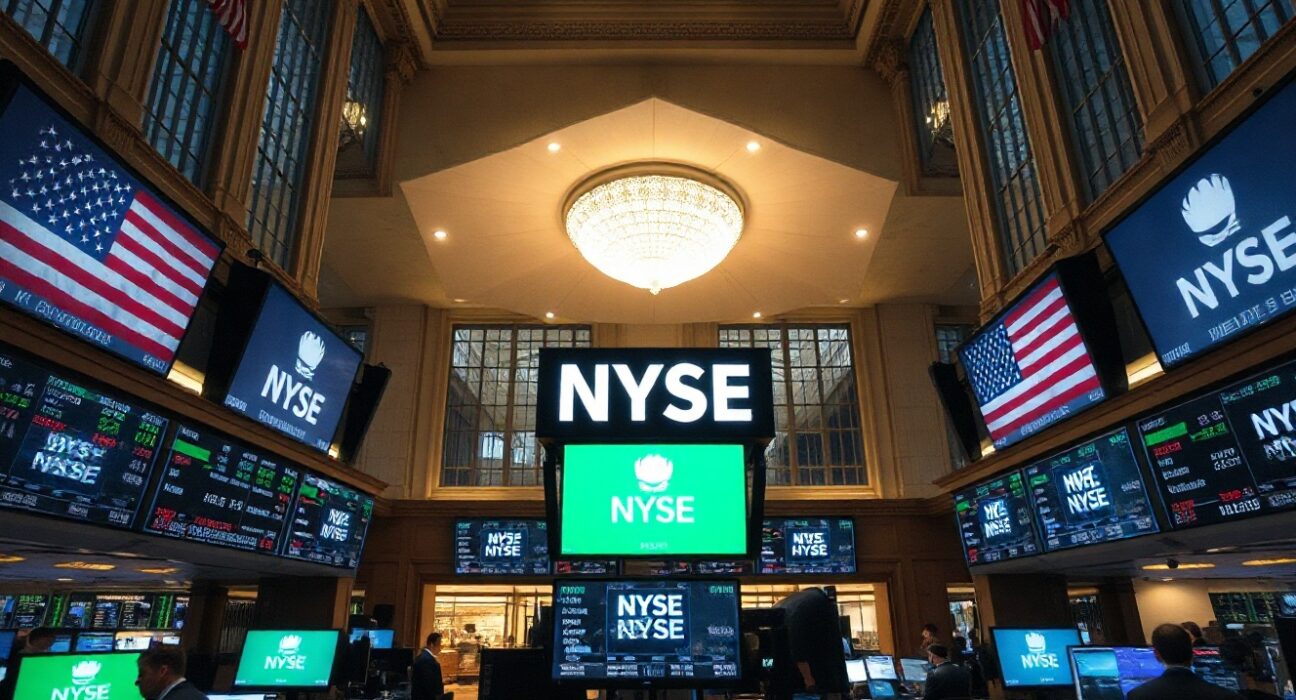 Traders on the NYSE floor monitoring screens as the Dow Jones Industrial Average reacts to geopolitical news.