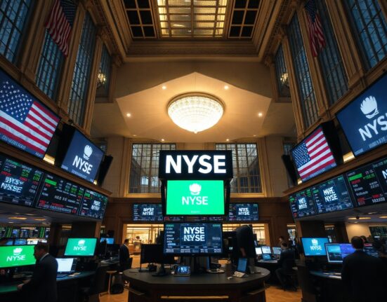 Traders on the NYSE floor monitoring screens as the Dow Jones Industrial Average reacts to geopolitical news.