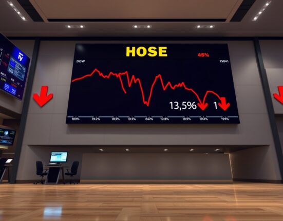 Stock market display board showing Dow Jones Industrial Average with red declining numbers