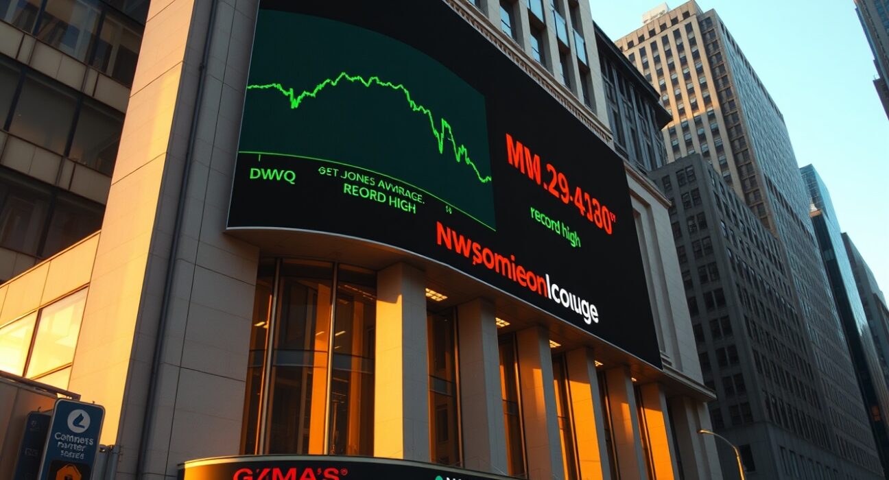 Digital stock ticker showing Dow Jones Industrial Average at a record high while Nasdaq Composite declines.