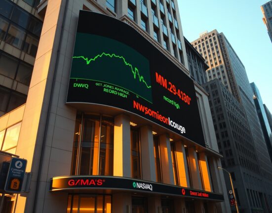 Digital stock ticker showing Dow Jones Industrial Average at a record high while Nasdaq Composite declines.