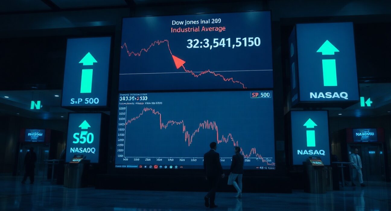 Stock market display showing Dow Jones flat while other indices rise, reflecting market divergence.