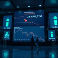 Stock market display showing Dow Jones flat while other indices rise, reflecting market divergence.