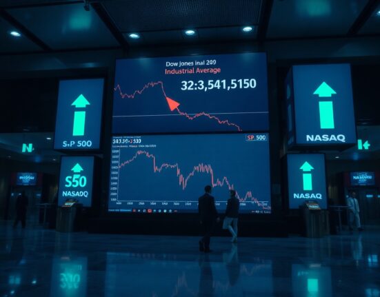 Stock market display showing Dow Jones flat while other indices rise, reflecting market divergence.
