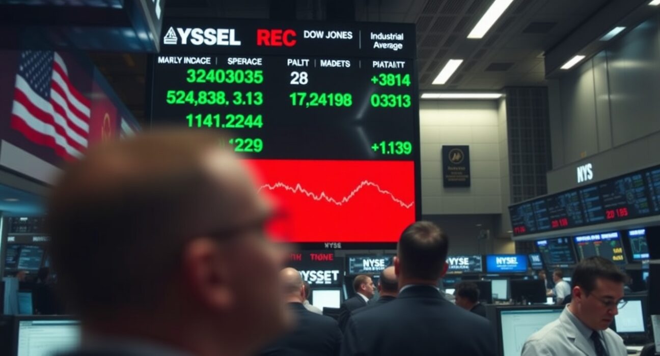Traders on the NYSE floor watching a Dow Jones index board showing red while other indexes are green.