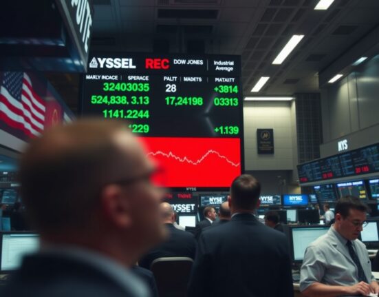 Traders on the NYSE floor watching a Dow Jones index board showing red while other indexes are green.