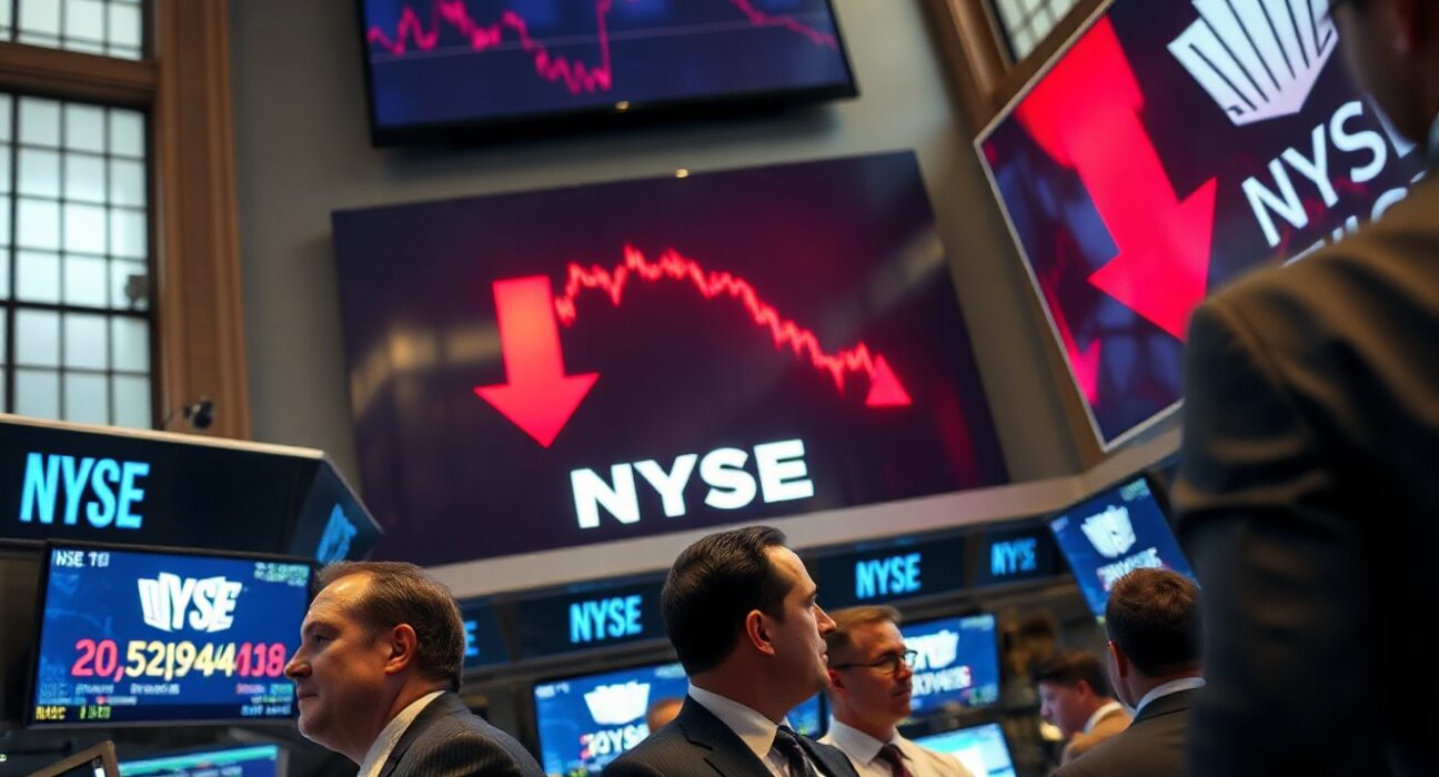 NYSE trading floor with red Dow Jones ticker and concerned traders during market sell-off