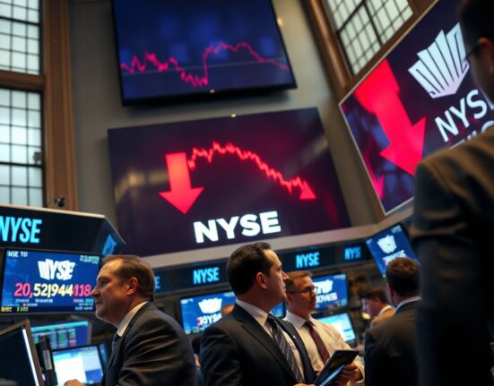 NYSE trading floor with red Dow Jones ticker and concerned traders during market sell-off