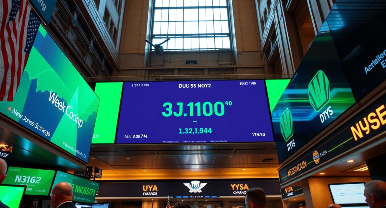 New York Stock Exchange trading floor with Dow Jones Industrial Average ticker showing weekly gains