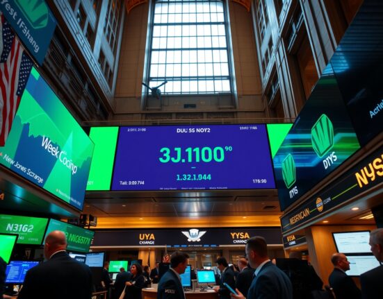 New York Stock Exchange trading floor with Dow Jones Industrial Average ticker showing weekly gains
