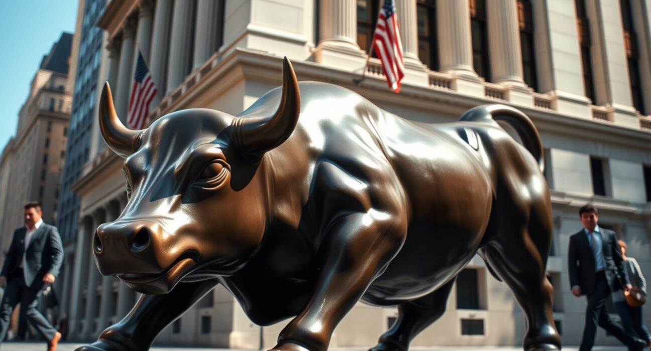Wall Street bull statue representing Dow Jones rally after Iran ceasefire hopes