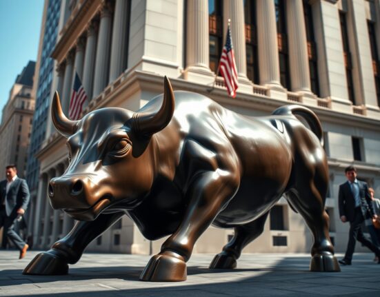 Wall Street bull statue representing Dow Jones rally after Iran ceasefire hopes
