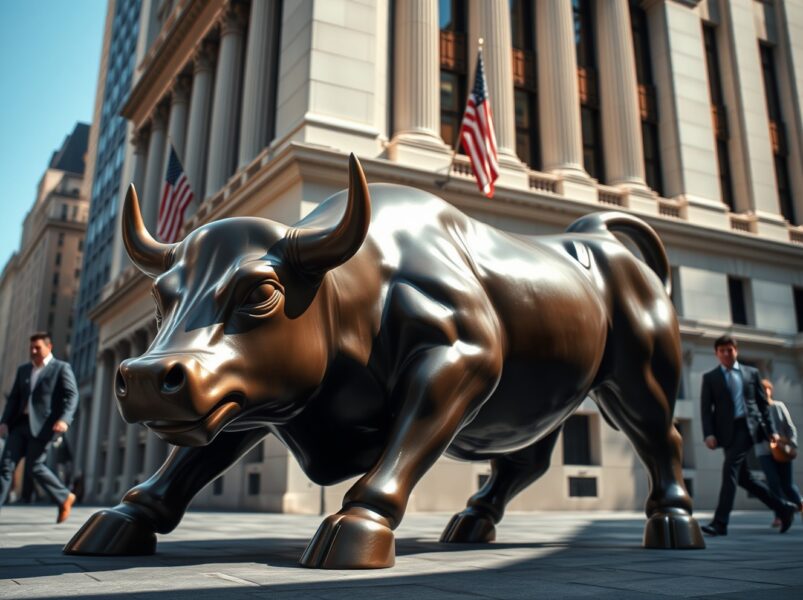 Wall Street bull statue representing Dow Jones rally after Iran ceasefire hopes