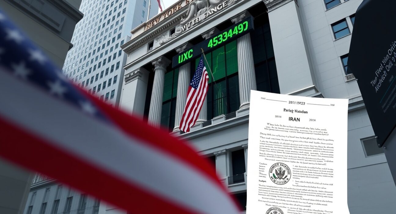 New York Stock Exchange building with a green Dow Jones ticker, reflecting market optimism tied to a finalized Iran deal.