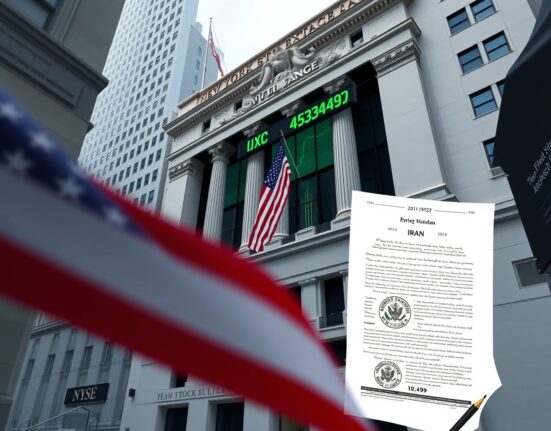 New York Stock Exchange building with a green Dow Jones ticker, reflecting market optimism tied to a finalized Iran deal.