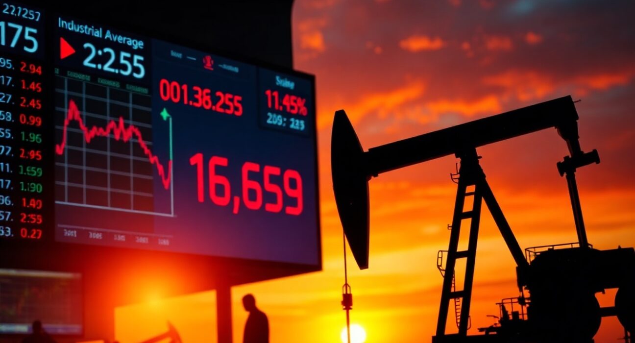 Dow Jones index in red with oil pumpjack silhouette at sunset