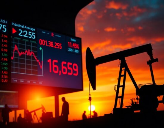 Dow Jones index in red with oil pumpjack silhouette at sunset