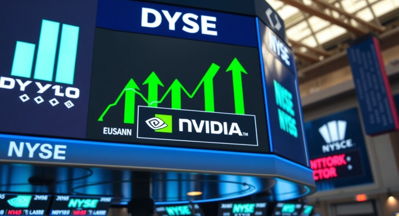 Dow Jones Industrial Average display with green arrows and Nvidia logo on NYSE trading floor
