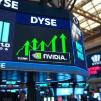 Dow Jones Industrial Average display with green arrows and Nvidia logo on NYSE trading floor