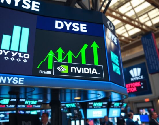 Dow Jones Industrial Average display with green arrows and Nvidia logo on NYSE trading floor