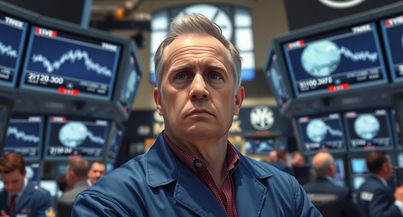 Trader monitors Dow Jones Industrial Average during Middle East geopolitical uncertainty at NYSE