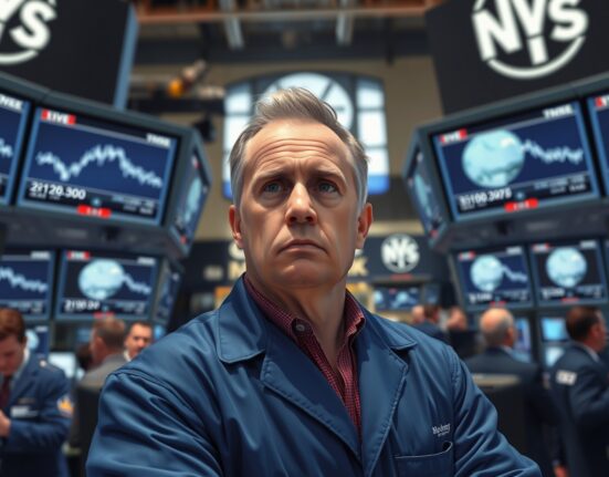 Trader monitors Dow Jones Industrial Average during Middle East geopolitical uncertainty at NYSE