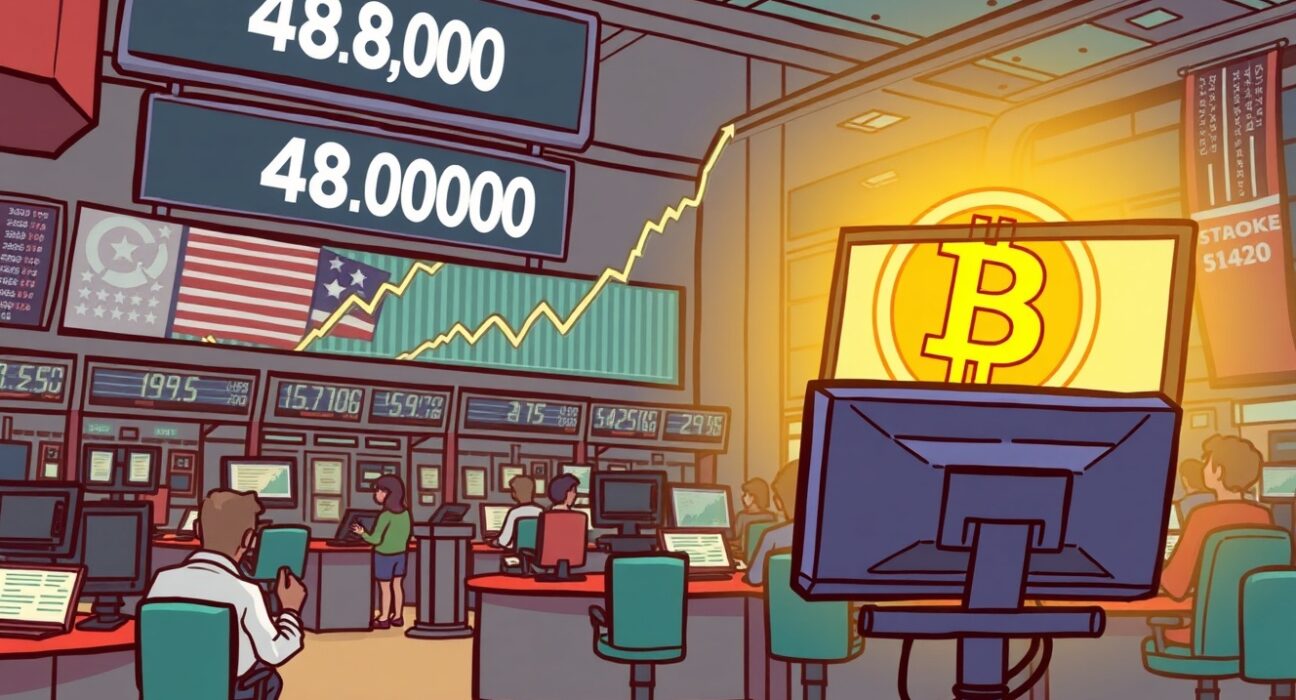 A cartoon illustration depicting the excitement of a Dow Jones milestone reaching 48,000, hinting at broader market impacts on crypto.