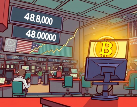 A cartoon illustration depicting the excitement of a Dow Jones milestone reaching 48,000, hinting at broader market impacts on crypto.