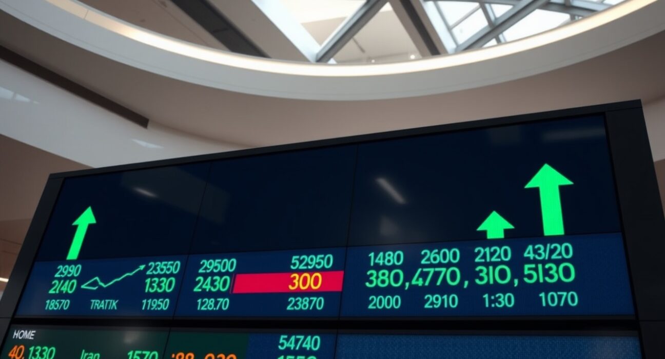 Stock market display showing green arrows and numbers in a financial district lobby