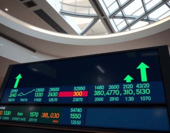 Stock market display showing green arrows and numbers in a financial district lobby